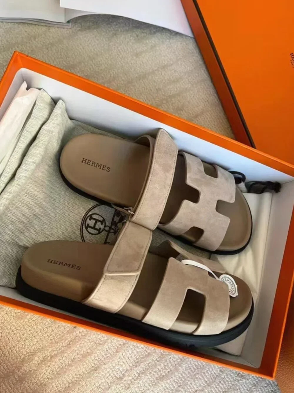Hermès Chypre Suede Thick‑Cushion Velcro Slides